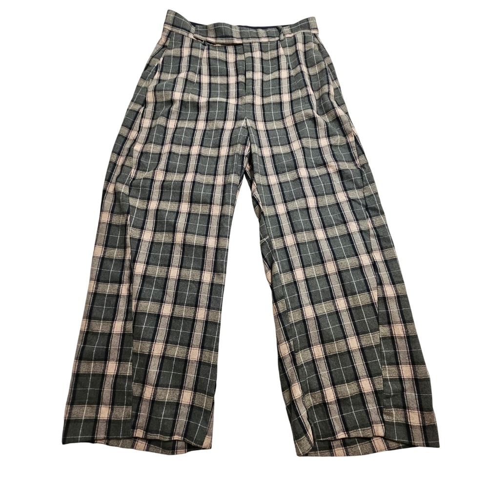 Zara Green and Cream Plaid Wide-Leg Trousers